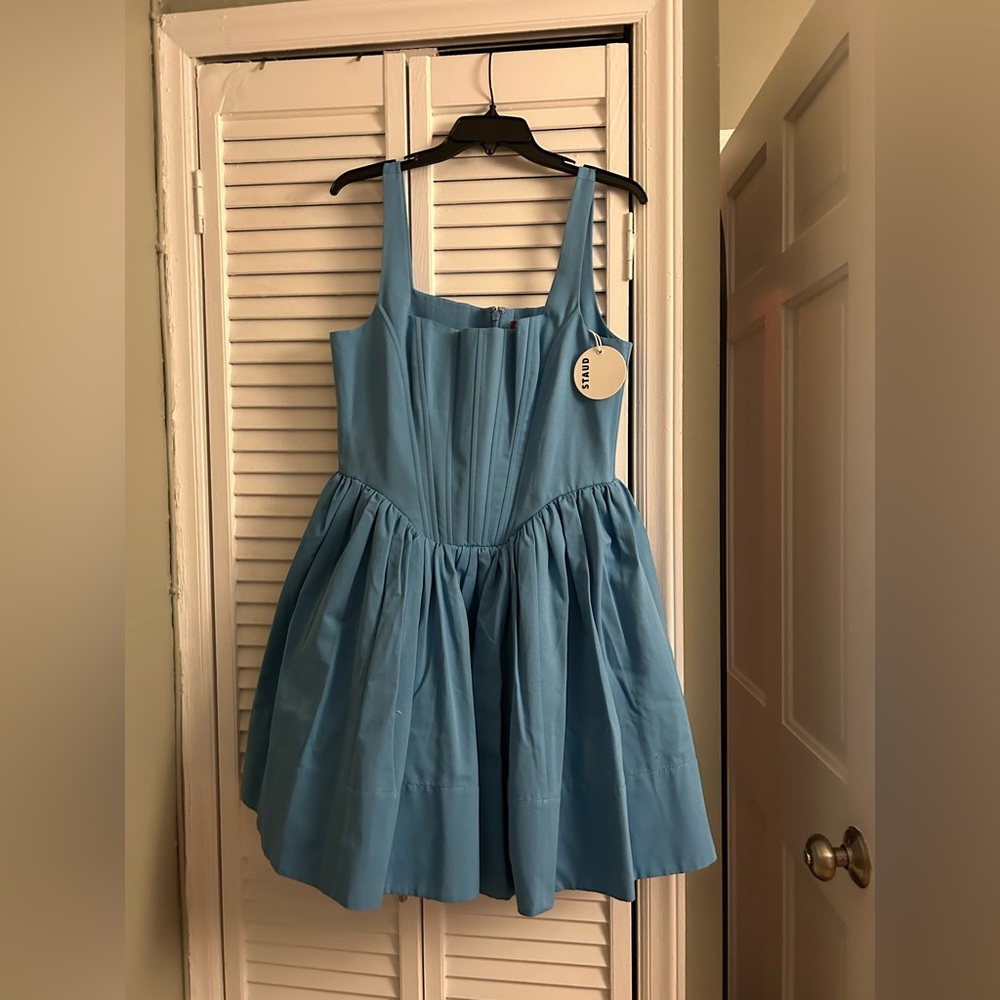 STAUD Blue Pleated Mini Dress Square Neck Sleeveless